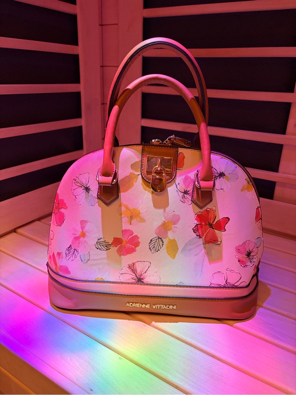 Adrienne Vittadini Floral Dome Satchel - White with Pink & Yellow Accents